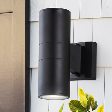 Duo 6" Modern Midcentury Cylinder Outdoor Metal/Glass Integrated LED Wall Sconce with Uplight - JONATHAN Y